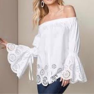 Venus White Eyelet Off The Shoulder Top - Size 10
